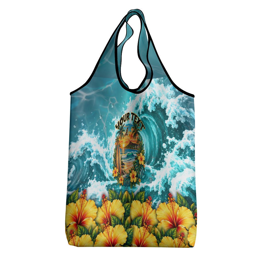 Personalized Hawaii 60th Birthday Eagle Grocery Bag Tropical Sunset Beach Hibiscus Ocean Wave