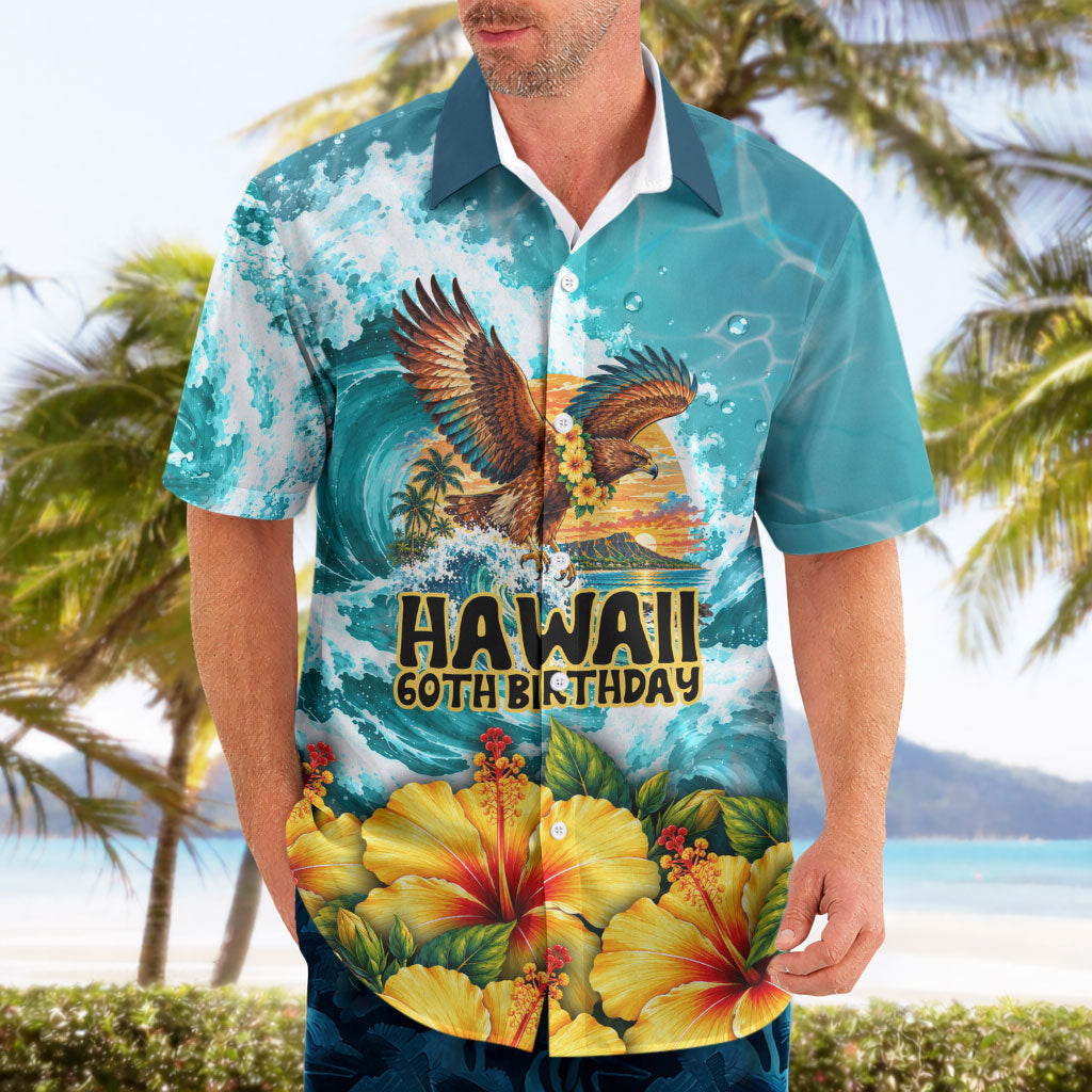 Personalized Hawaii 60th Birthday Eagle Hawaiian Shirt Tropical Sunset Beach Hibiscus Ocean Wave