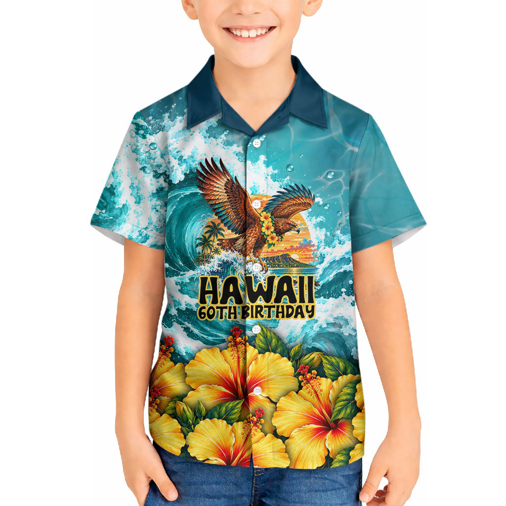 Personalized Hawaii 60th Birthday Eagle Hawaiian Shirt Tropical Sunset Beach Hibiscus Ocean Wave