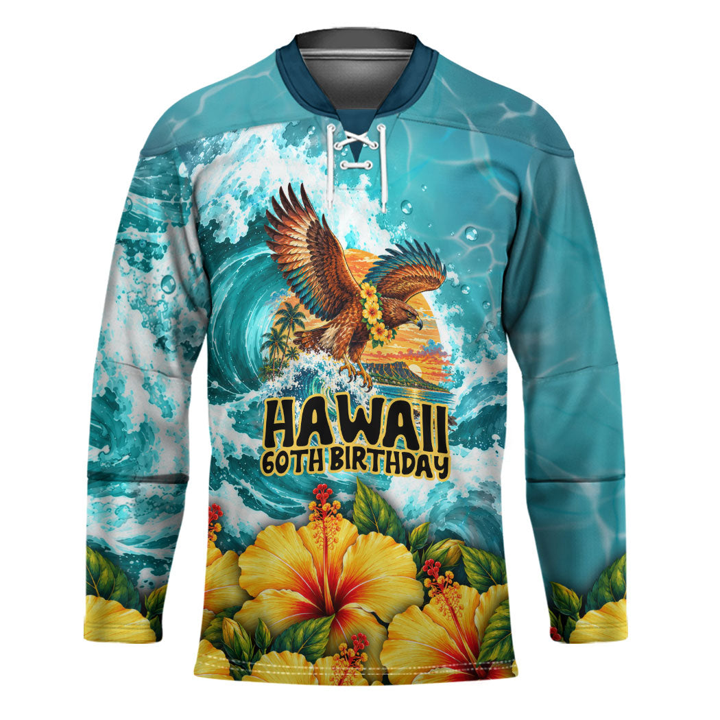 Personalized Hawaii 60th Birthday Eagle Hockey Jersey Tropical Sunset Beach Hibiscus Ocean Wave TS04 Unisex Blue Yellow - Polynesian Pride
