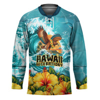 Personalized Hawaii 60th Birthday Eagle Hockey Jersey Tropical Sunset Beach Hibiscus Ocean Wave TS04 Unisex Blue Yellow - Polynesian Pride