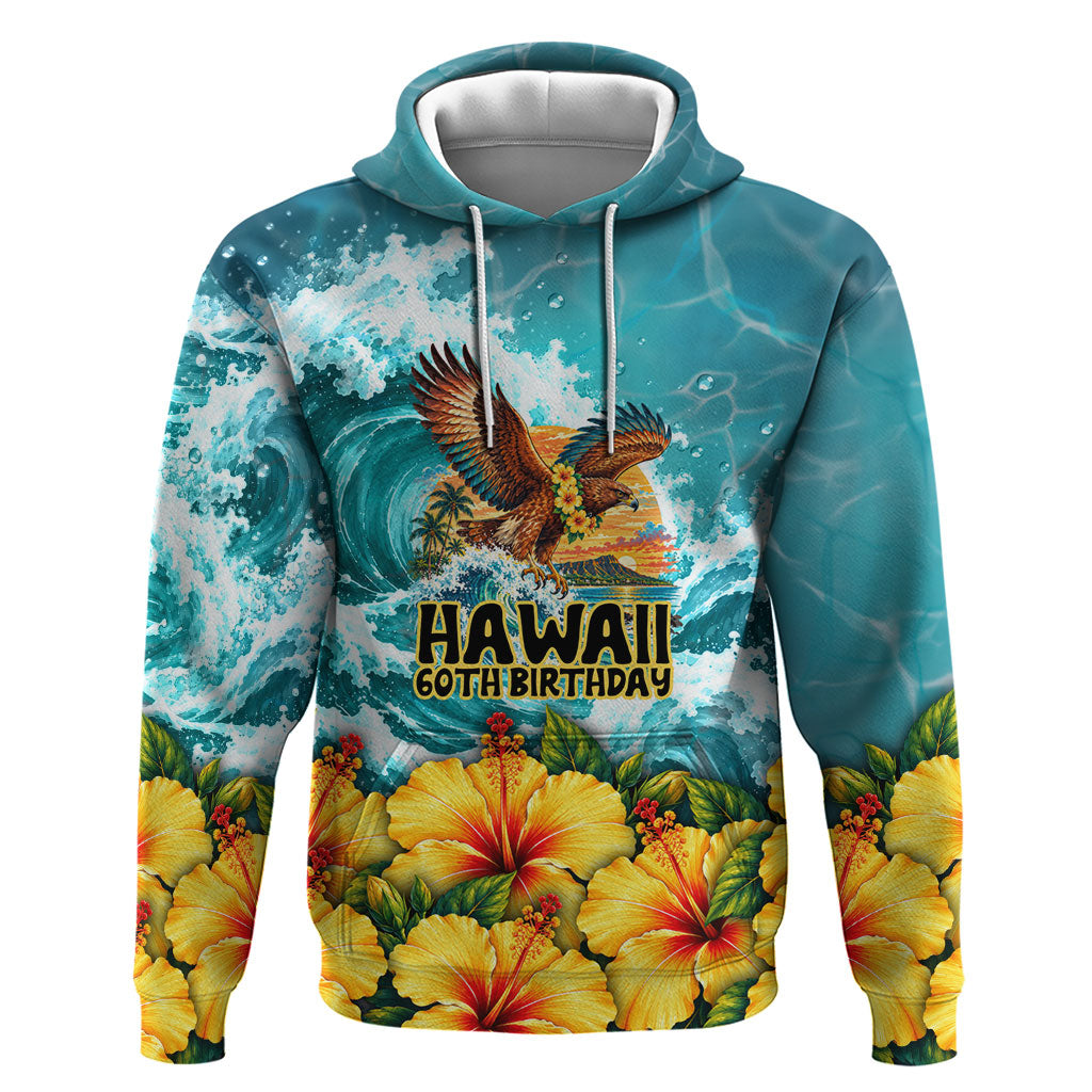 Personalized Hawaii 60th Birthday Eagle Hoodie Tropical Sunset Beach Hibiscus Ocean Wave TS04 Pullover Hoodie Blue Yellow - Polynesian Pride