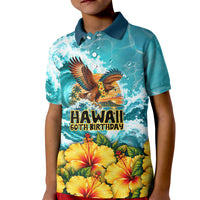 Personalized Hawaii 60th Birthday Eagle Kid Polo Shirt Tropical Sunset Beach Hibiscus Ocean Wave