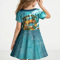 Personalized Hawaii 60th Birthday Eagle Kid Short Sleeve Dress Tropical Sunset Beach Hibiscus Ocean Wave TS04 - Polynesian Pride