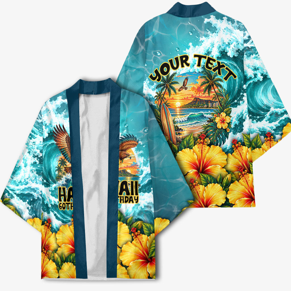Personalized Hawaii 60th Birthday Eagle Kimono Tropical Sunset Beach Hibiscus Ocean Wave TS04 - Polynesian Pride
