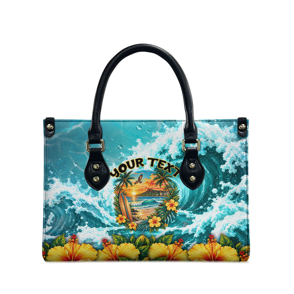 Personalized Hawaii 60th Birthday Eagle Leather Bag Tropical Sunset Beach Hibiscus Ocean Wave