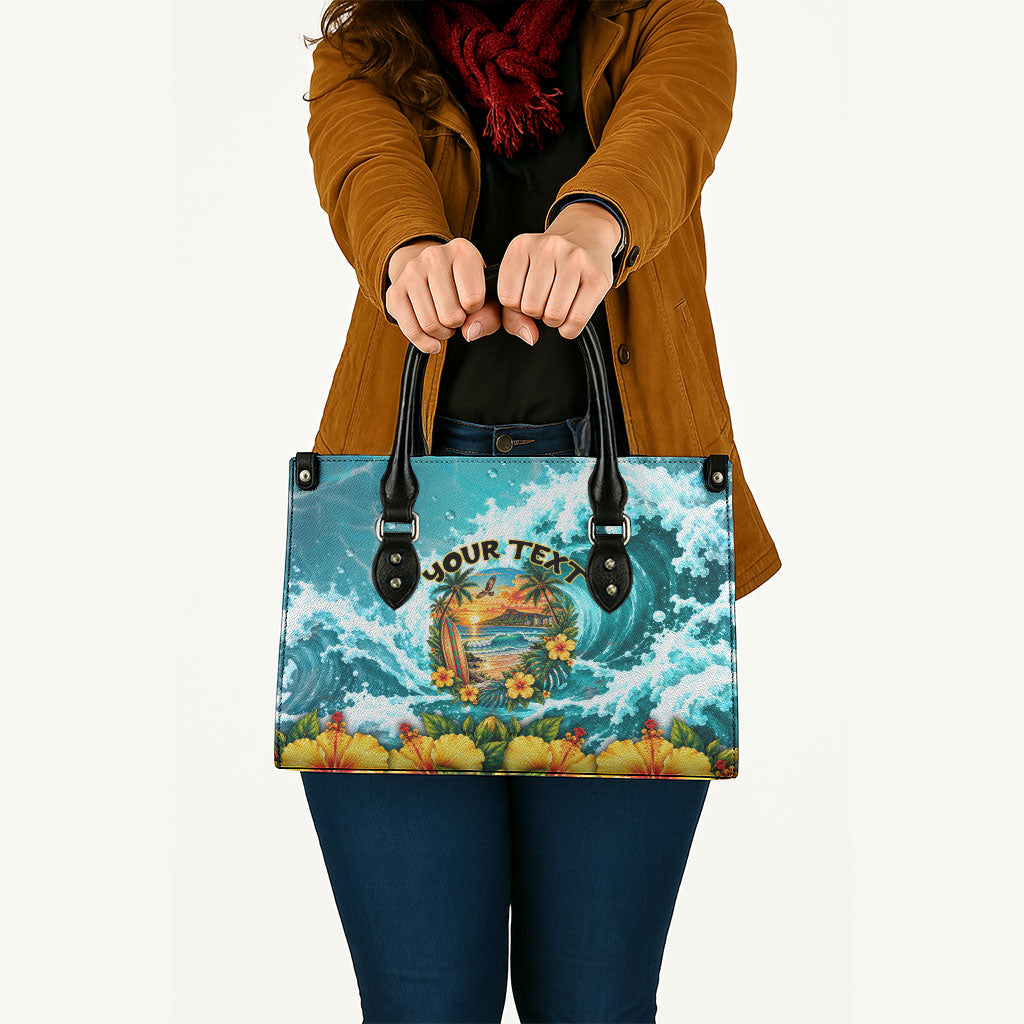 Personalized Hawaii 60th Birthday Eagle Leather Bag Tropical Sunset Beach Hibiscus Ocean Wave