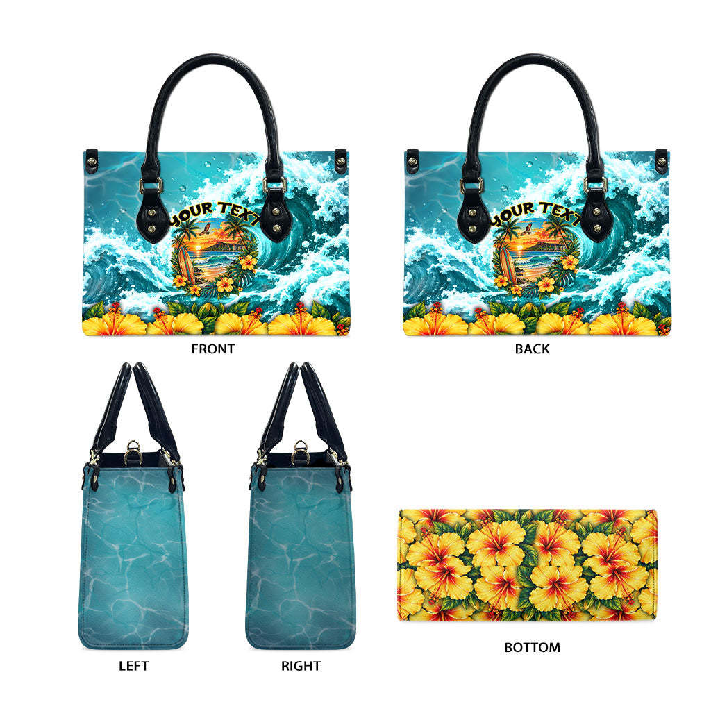 Personalized Hawaii 60th Birthday Eagle Leather Bag Tropical Sunset Beach Hibiscus Ocean Wave
