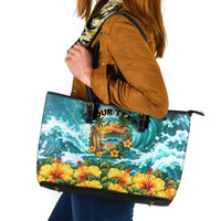Personalized Hawaii 60th Birthday Eagle Leather Tote Bag Tropical Sunset Beach Hibiscus Ocean Wave