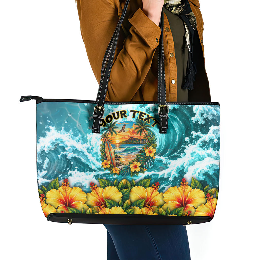 Personalized Hawaii 60th Birthday Eagle Leather Tote Bag Tropical Sunset Beach Hibiscus Ocean Wave
