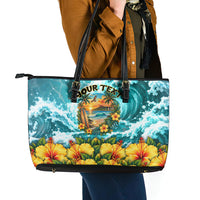 Personalized Hawaii 60th Birthday Eagle Leather Tote Bag Tropical Sunset Beach Hibiscus Ocean Wave