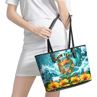Personalized Hawaii 60th Birthday Eagle Leather Tote Bag Tropical Sunset Beach Hibiscus Ocean Wave