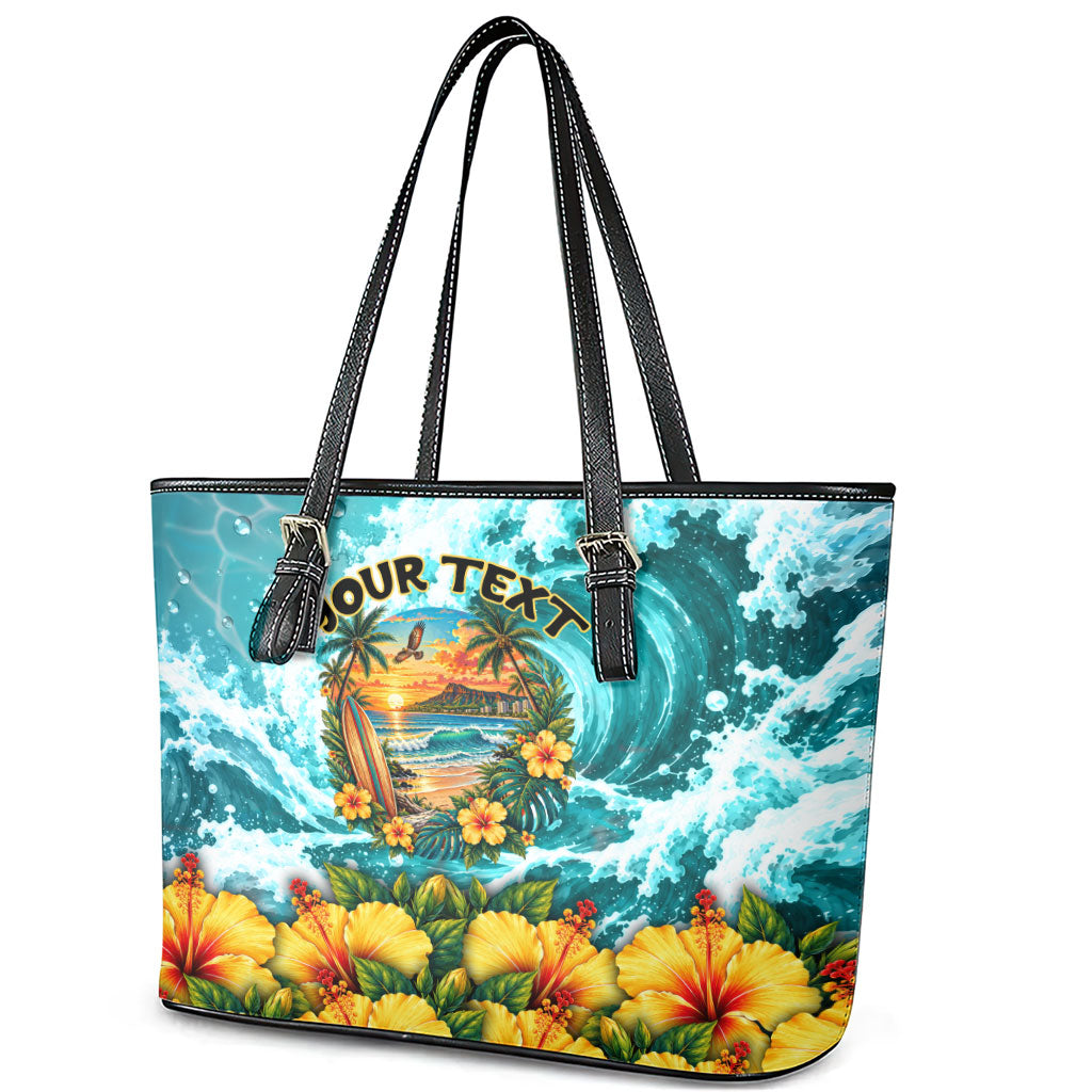 Personalized Hawaii 60th Birthday Eagle Leather Tote Bag Tropical Sunset Beach Hibiscus Ocean Wave