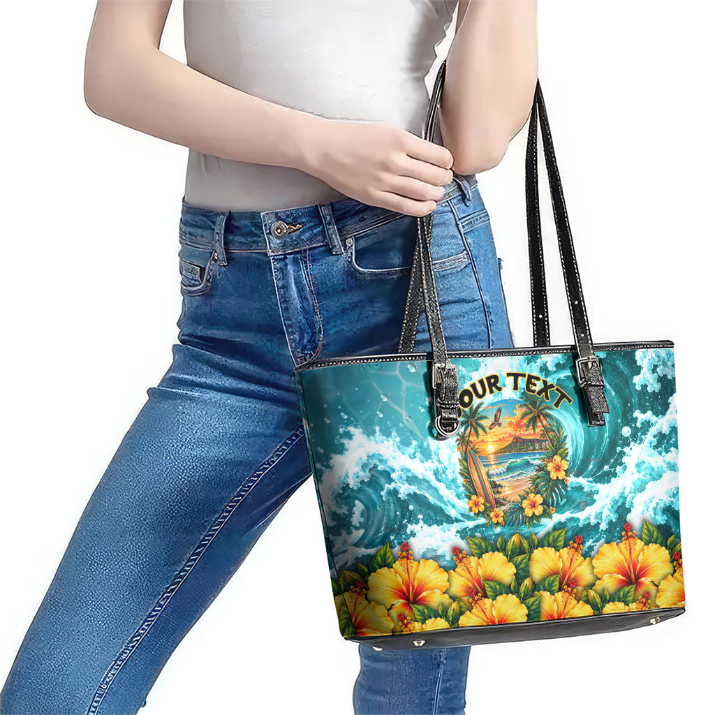 Personalized Hawaii 60th Birthday Eagle Leather Tote Bag Tropical Sunset Beach Hibiscus Ocean Wave