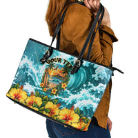Personalized Hawaii 60th Birthday Eagle Leather Tote Bag Tropical Sunset Beach Hibiscus Ocean Wave