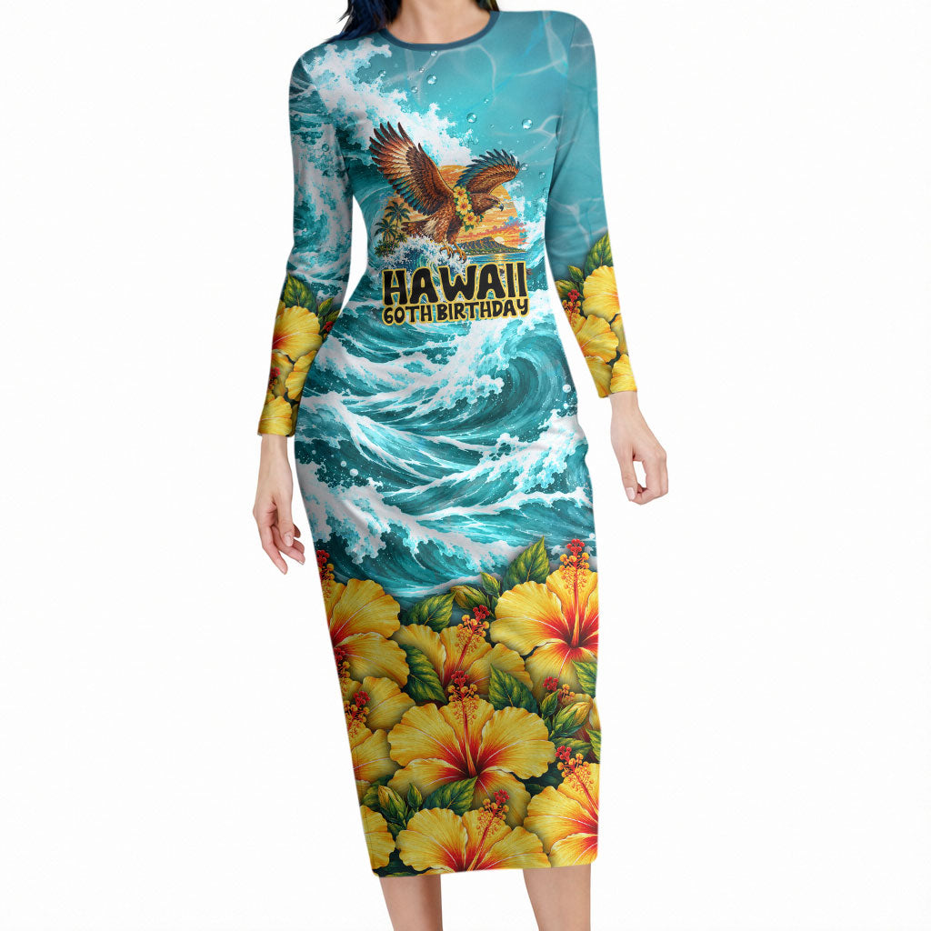 Personalized Hawaii 60th Birthday Eagle Long Sleeve Bodycon Dress Tropical Sunset Beach Hibiscus Ocean Wave