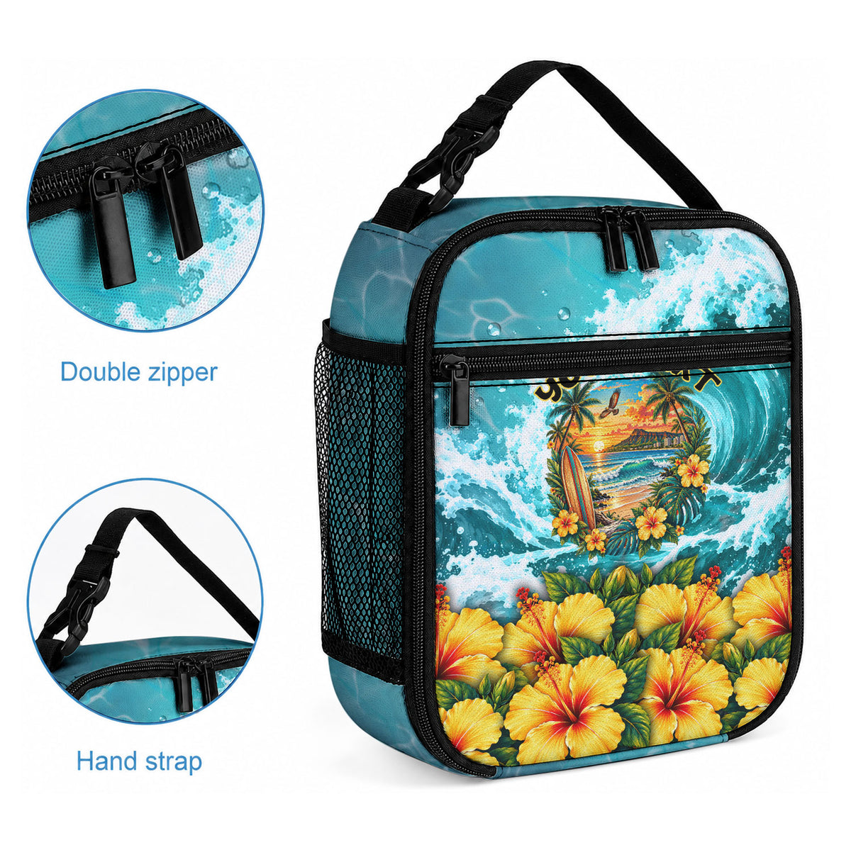 Personalized Hawaii 60th Birthday Eagle Lunch Bag Tropical Sunset Beach Hibiscus Ocean Wave