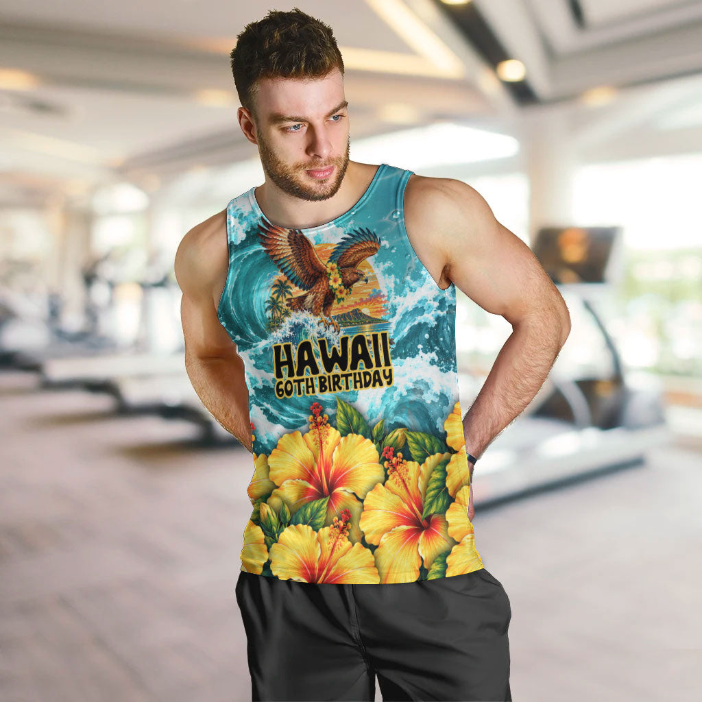 Personalized Hawaii 60th Birthday Eagle Men Tank Top Tropical Sunset Beach Hibiscus Ocean Wave