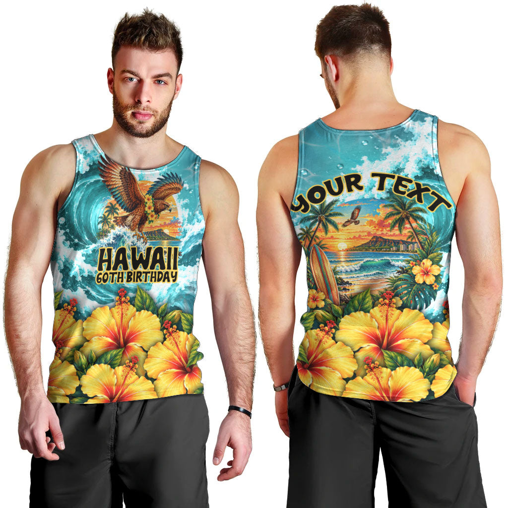 Personalized Hawaii 60th Birthday Eagle Men Tank Top Tropical Sunset Beach Hibiscus Ocean Wave