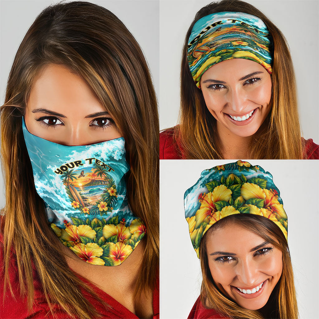 Personalized Hawaii 60th Birthday Eagle Neck Gaiter Tropical Sunset Beach Hibiscus Ocean Wave