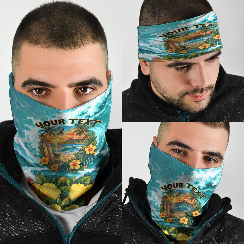 Personalized Hawaii 60th Birthday Eagle Neck Gaiter Tropical Sunset Beach Hibiscus Ocean Wave