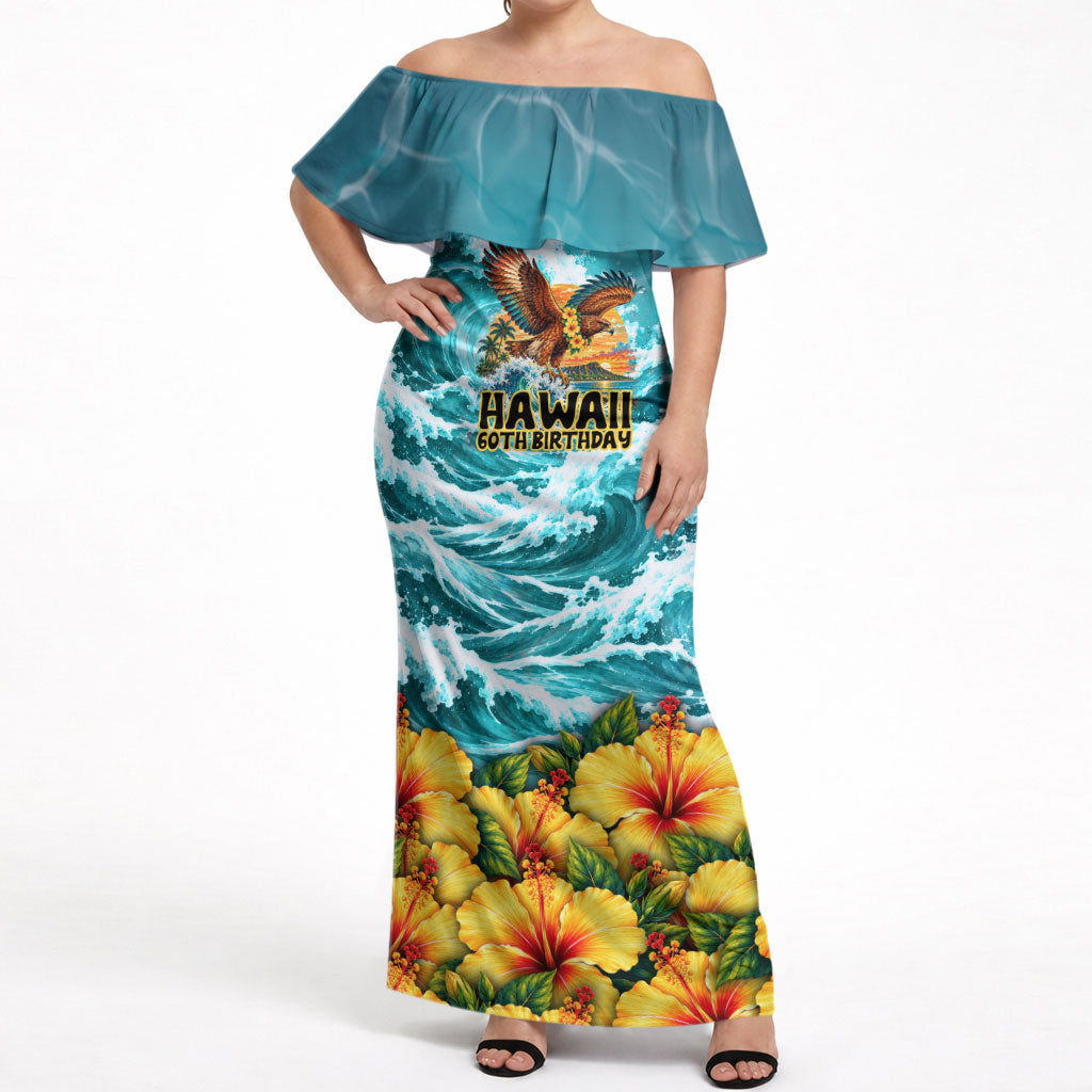 Personalized Hawaii 60th Birthday Eagle Off Shoulder Maxi Dress Tropical Sunset Beach Hibiscus Ocean Wave