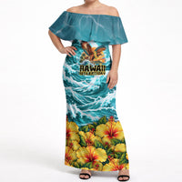 Personalized Hawaii 60th Birthday Eagle Off Shoulder Maxi Dress Tropical Sunset Beach Hibiscus Ocean Wave
