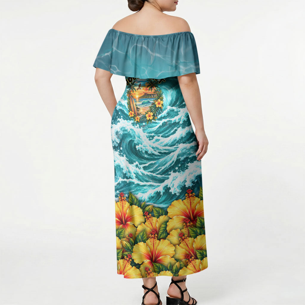 Personalized Hawaii 60th Birthday Eagle Off Shoulder Maxi Dress Tropical Sunset Beach Hibiscus Ocean Wave