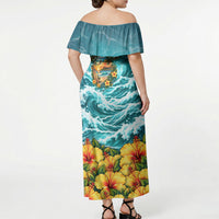 Personalized Hawaii 60th Birthday Eagle Off Shoulder Maxi Dress Tropical Sunset Beach Hibiscus Ocean Wave