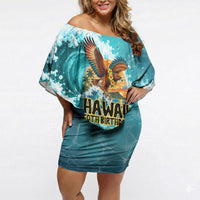 Personalized Hawaii 60th Birthday Eagle Off Shoulder Short Dress Tropical Sunset Beach Hibiscus Ocean Wave