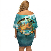 Personalized Hawaii 60th Birthday Eagle Off Shoulder Short Dress Tropical Sunset Beach Hibiscus Ocean Wave