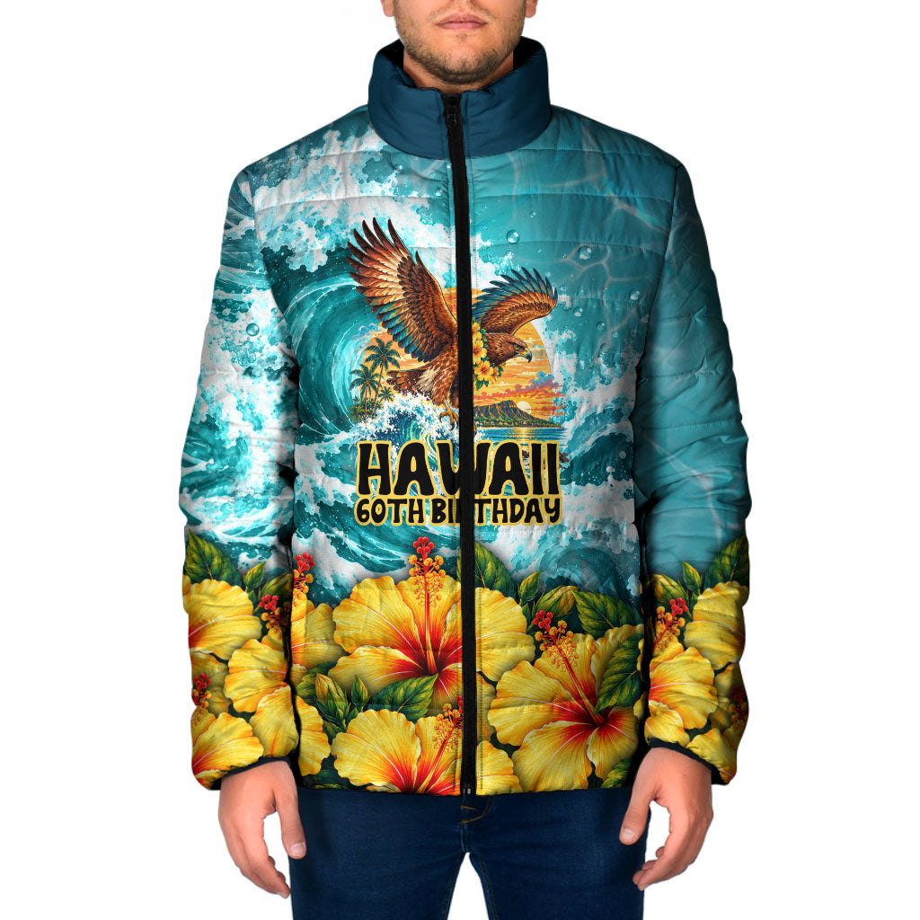 Personalized Hawaii 60th Birthday Eagle Padded Jacket Tropical Sunset Beach Hibiscus Ocean Wave