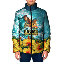 Personalized Hawaii 60th Birthday Eagle Padded Jacket Tropical Sunset Beach Hibiscus Ocean Wave TS04 Men Blue Yellow - Polynesian Pride