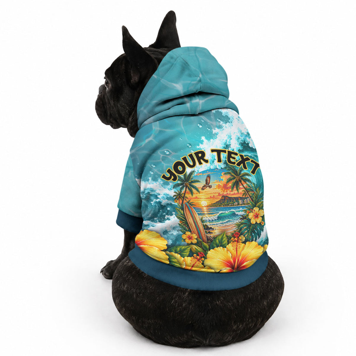 Personalized Hawaii 60th Birthday Eagle Pet Hoodie Tropical Sunset Beach Hibiscus Ocean Wave