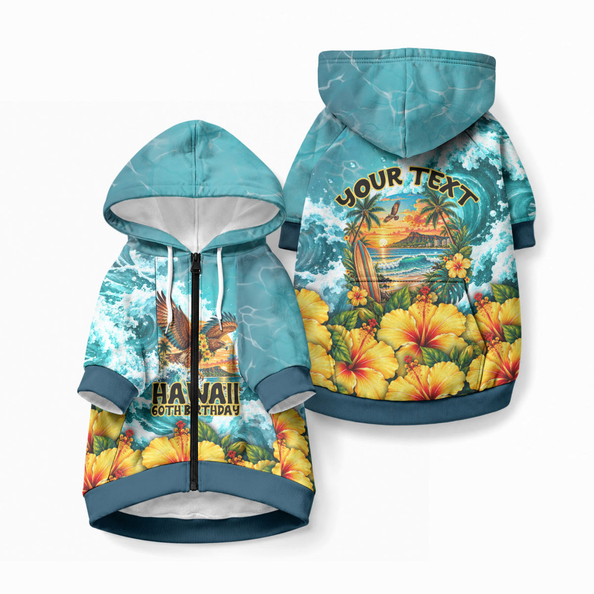 Personalized Hawaii 60th Birthday Eagle Pet Hoodie Tropical Sunset Beach Hibiscus Ocean Wave