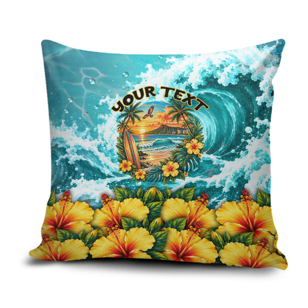 Personalized Hawaii 60th Birthday Eagle Pillow Cover Tropical Sunset Beach Hibiscus Ocean Wave