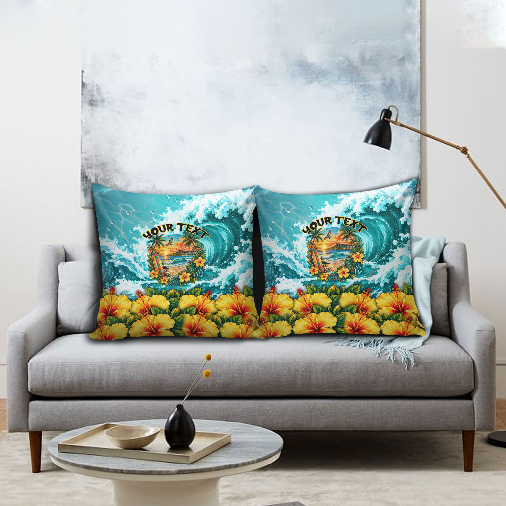 Personalized Hawaii 60th Birthday Eagle Pillow Cover Tropical Sunset Beach Hibiscus Ocean Wave