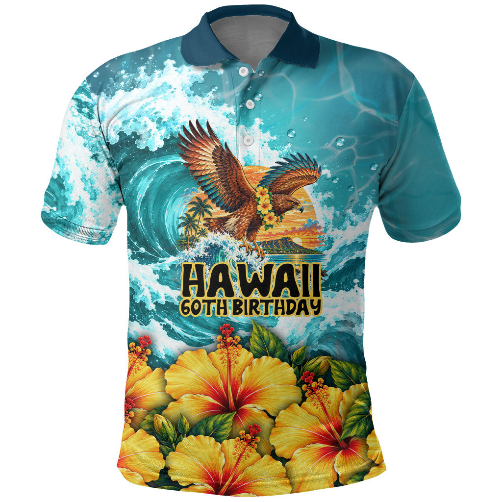 Personalized Hawaii 60th Birthday Eagle Polo Shirt Tropical Sunset Beach Hibiscus Ocean Wave