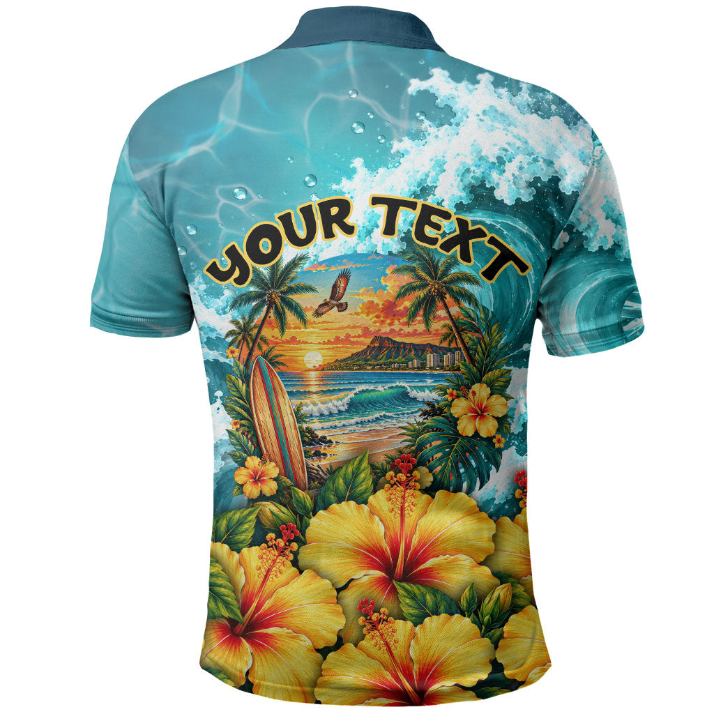 Personalized Hawaii 60th Birthday Eagle Polo Shirt Tropical Sunset Beach Hibiscus Ocean Wave