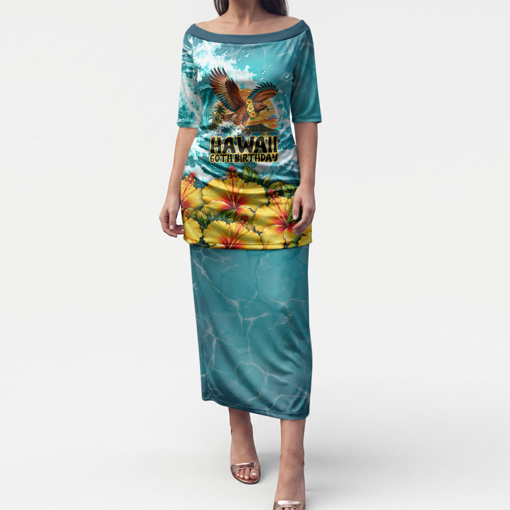 Personalized Hawaii 60th Birthday Eagle Puletasi Tropical Sunset Beach Hibiscus Ocean Wave