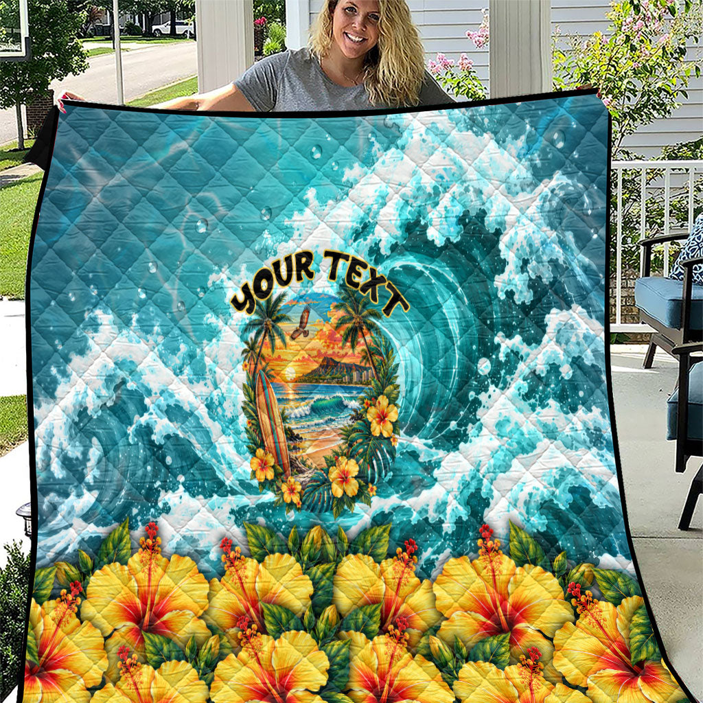 Personalized Hawaii 60th Birthday Eagle Quilt Tropical Sunset Beach Hibiscus Ocean Wave TS04 Blue Yellow - Polynesian Pride