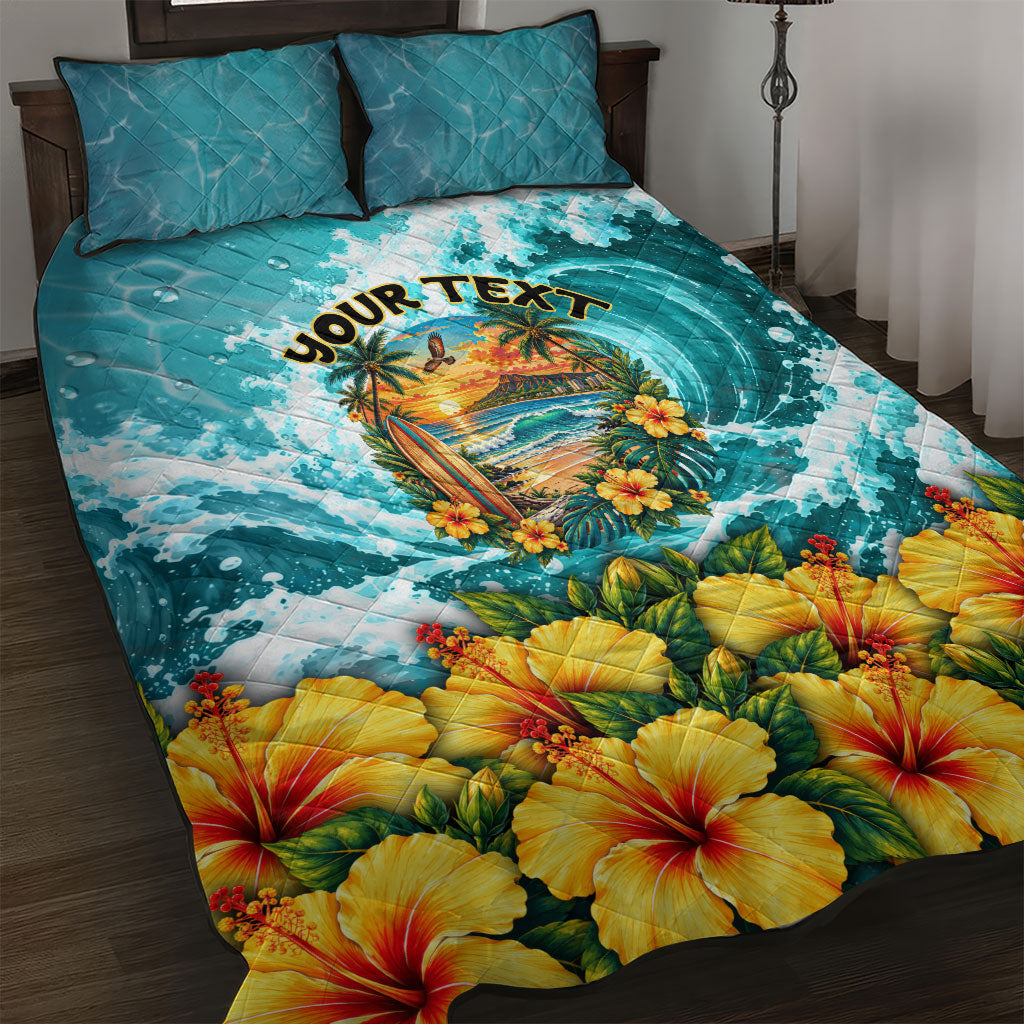 Personalized Hawaii 60th Birthday Eagle Quilt Bed Set Tropical Sunset Beach Hibiscus Ocean Wave TS04 Blue Yellow - Polynesian Pride