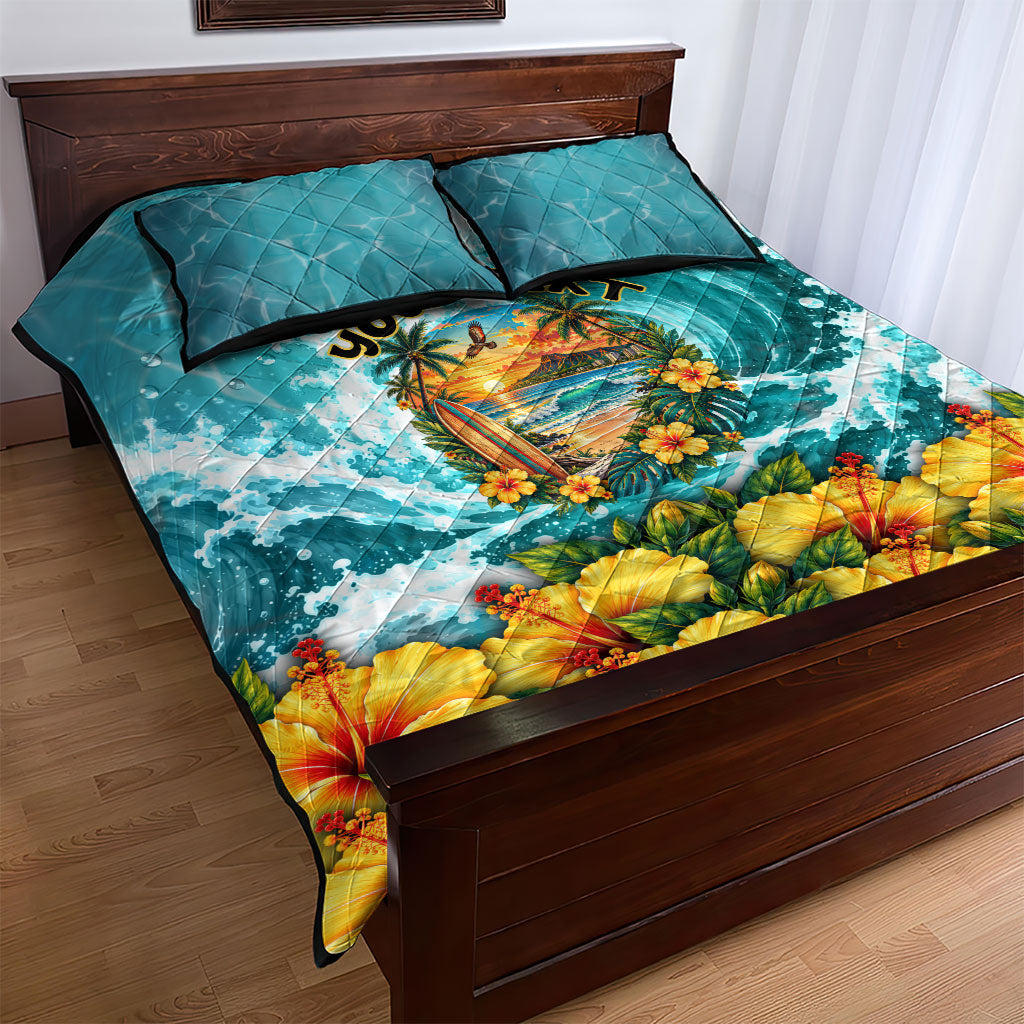 Personalized Hawaii 60th Birthday Eagle Quilt Bed Set Tropical Sunset Beach Hibiscus Ocean Wave TS04 - Polynesian Pride