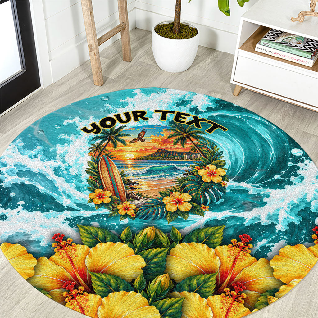 Personalized Hawaii 60th Birthday Eagle Round Carpet Tropical Sunset Beach Hibiscus Ocean Wave