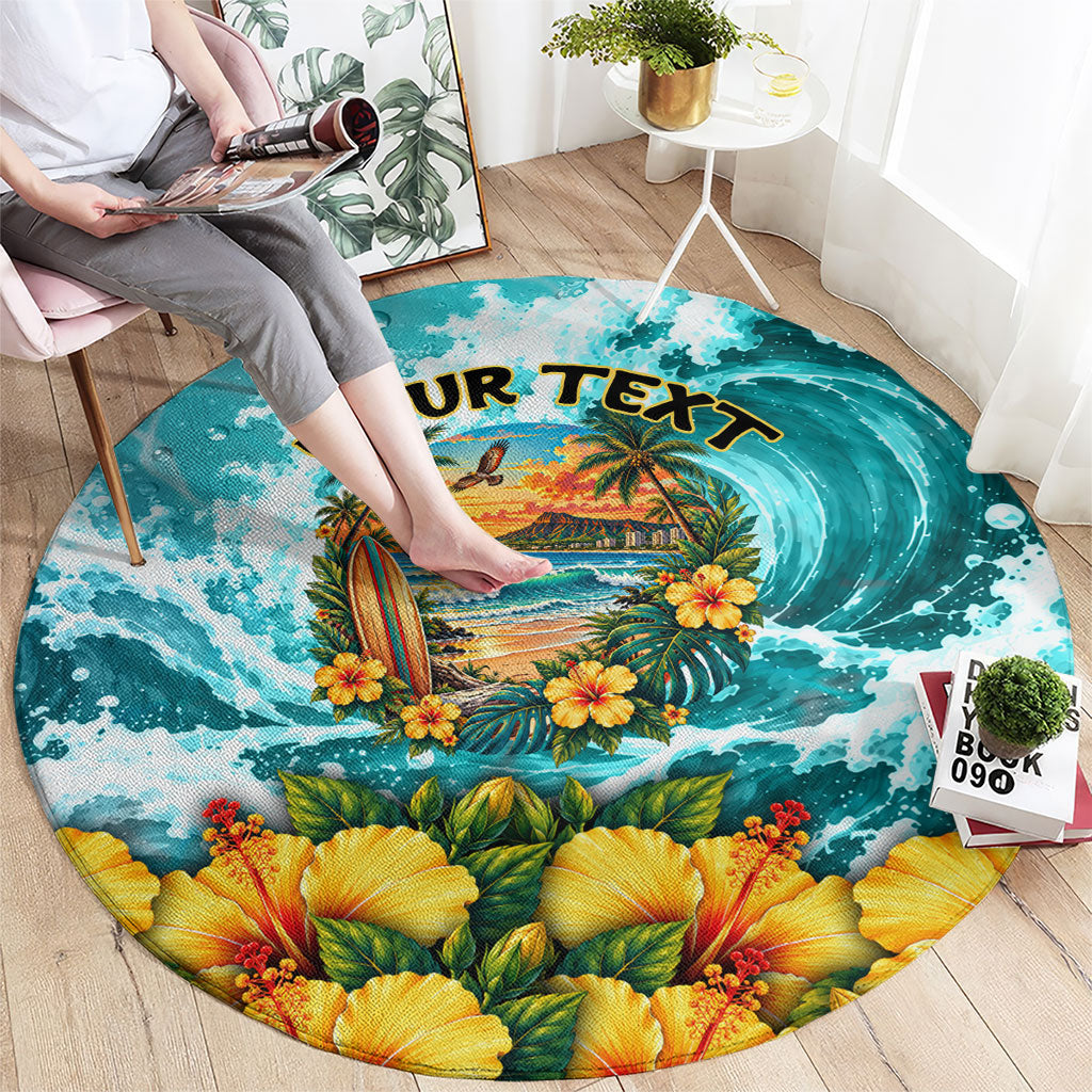 Personalized Hawaii 60th Birthday Eagle Round Carpet Tropical Sunset Beach Hibiscus Ocean Wave