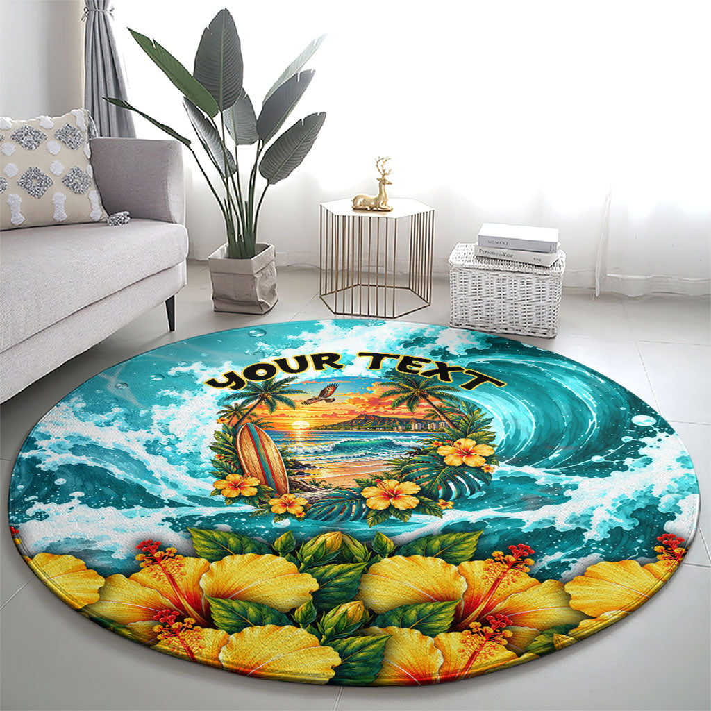 Personalized Hawaii 60th Birthday Eagle Round Carpet Tropical Sunset Beach Hibiscus Ocean Wave