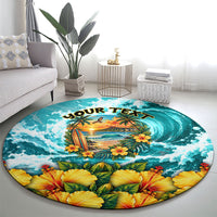 Personalized Hawaii 60th Birthday Eagle Round Carpet Tropical Sunset Beach Hibiscus Ocean Wave