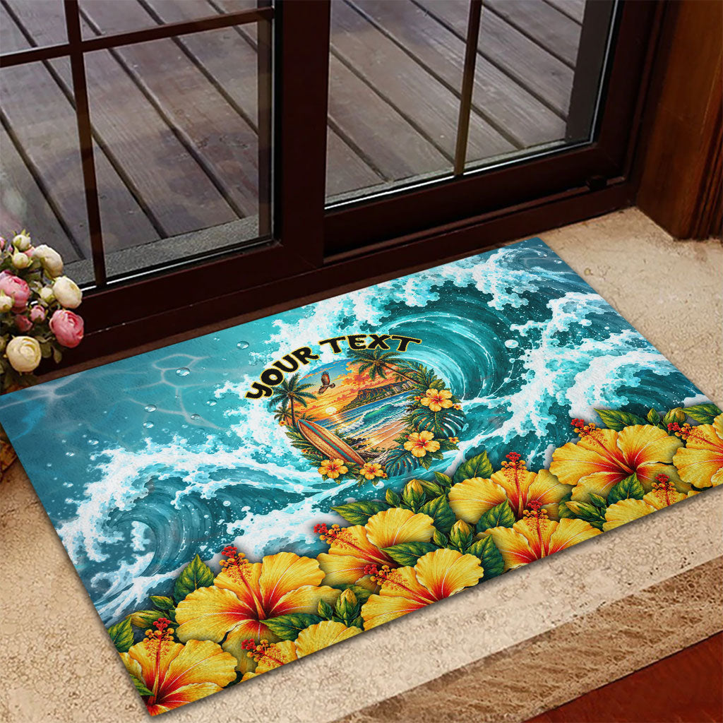Personalized Hawaii 60th Birthday Eagle Rubber Doormat Tropical Sunset Beach Hibiscus Ocean Wave