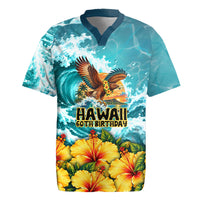 Personalized Hawaii 60th Birthday Eagle Rugby Jersey Tropical Sunset Beach Hibiscus Ocean Wave TS04 Blue Yellow - Polynesian Pride