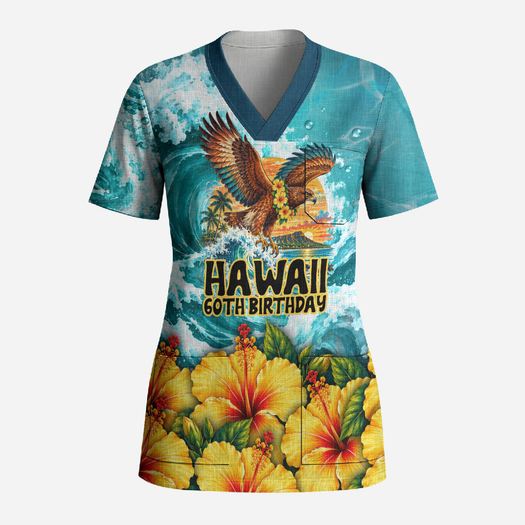 Personalized Hawaii 60th Birthday Eagle Scrub Top Tropical Sunset Beach Hibiscus Ocean Wave